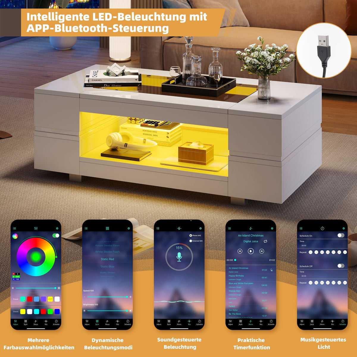 LED Coffee Table Bluetooth App Control, White