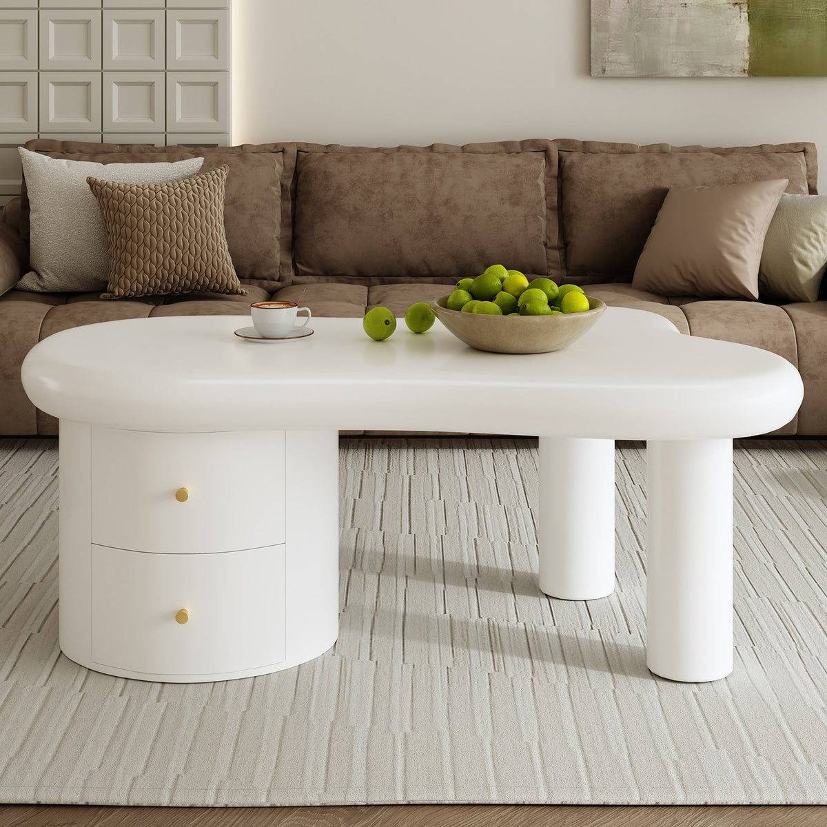 Coffee Table, Irregular Shape 2-Drawer Space-Saving Stylish Stable, White