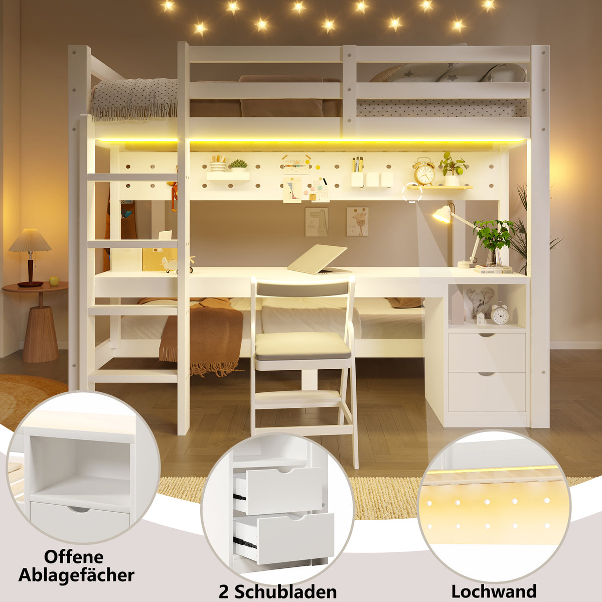 Loft Bed with Desk and Drawers, 90x200 & 140x200 cm, Pine Wood