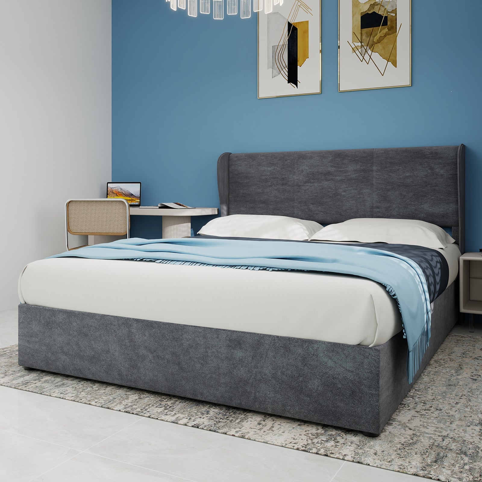 Modern Minimalist Upholstered Bed, 160x200 cm, High-Profile Storage with Gas Lift, Grey