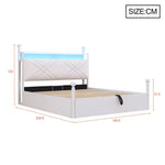 Multifunctional Double Bed with Hydraulic Storage, Canopy, LED and USB, 140x190cm, White Wrought Iron