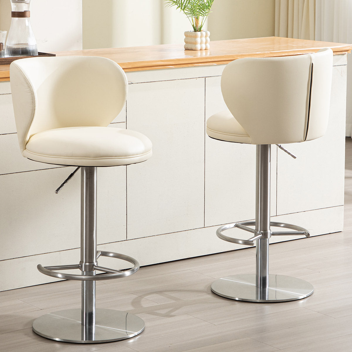 Bar Stools Swivel Adjustable Height Backrest Black Leather and Steel