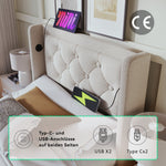 Upholstered Single Bed, Hydraulic Storage with USB & LED, Beige Cotton