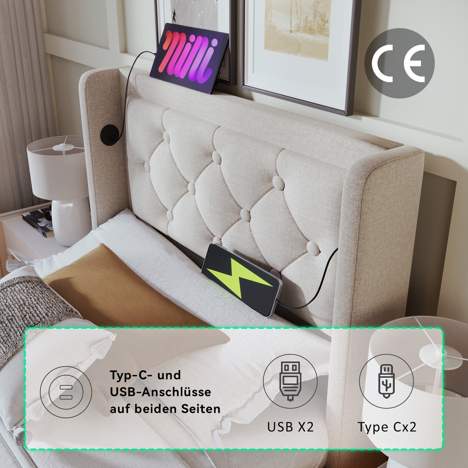 Upholstered Single Bed, Hydraulic Storage with USB & LED, Beige Cotton