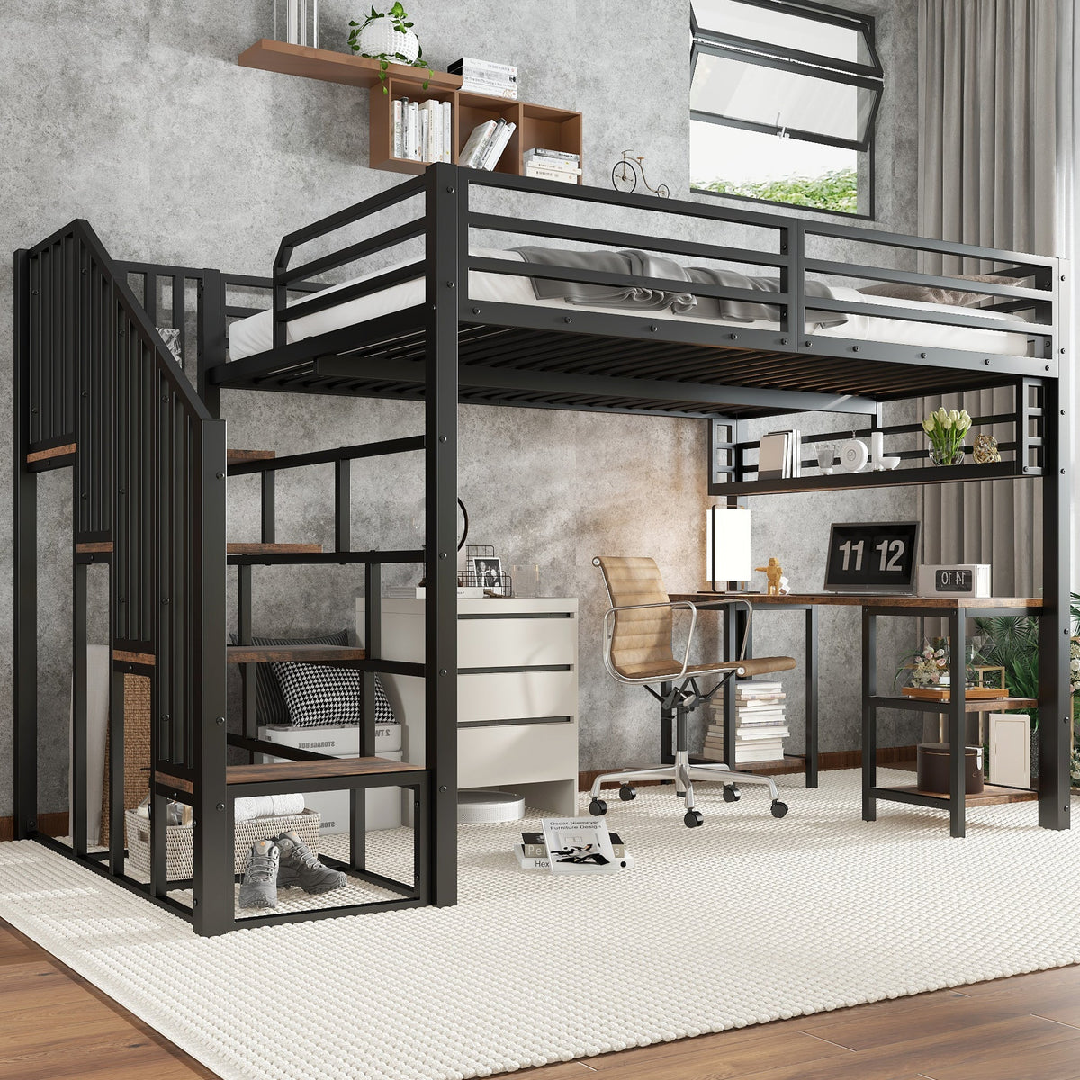 Loft Bed with Desk, Storage Stairs, Handrails, 120x200cm, Iron + Chipboard Black