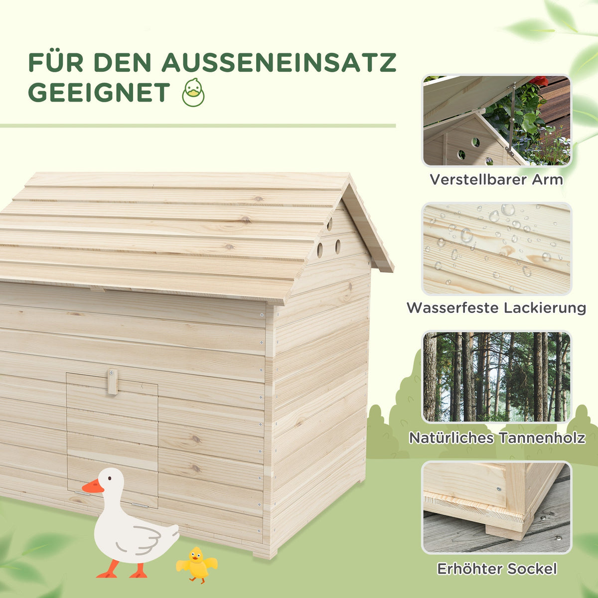 Duck House, Hinged Tilting Roof, Raised Floor, Fir Wood