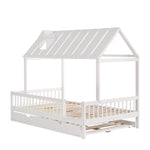House Bed, Trundle Bed with Chimney, 3-Sided Rail, Pine+MDF, White