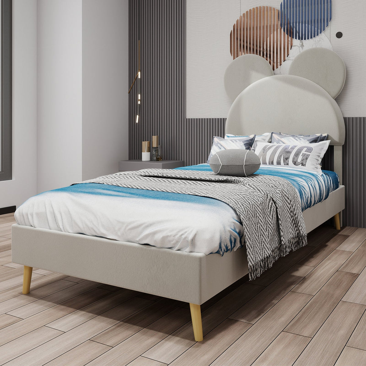 Upholstered Bed, Modern Minimalist Cartoon-Themed Headboard, 90x200 cm, Beige