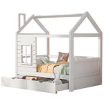 House Bed with Fall Protection, Window and Slatted Base, 80x160cm, White Solid Wood