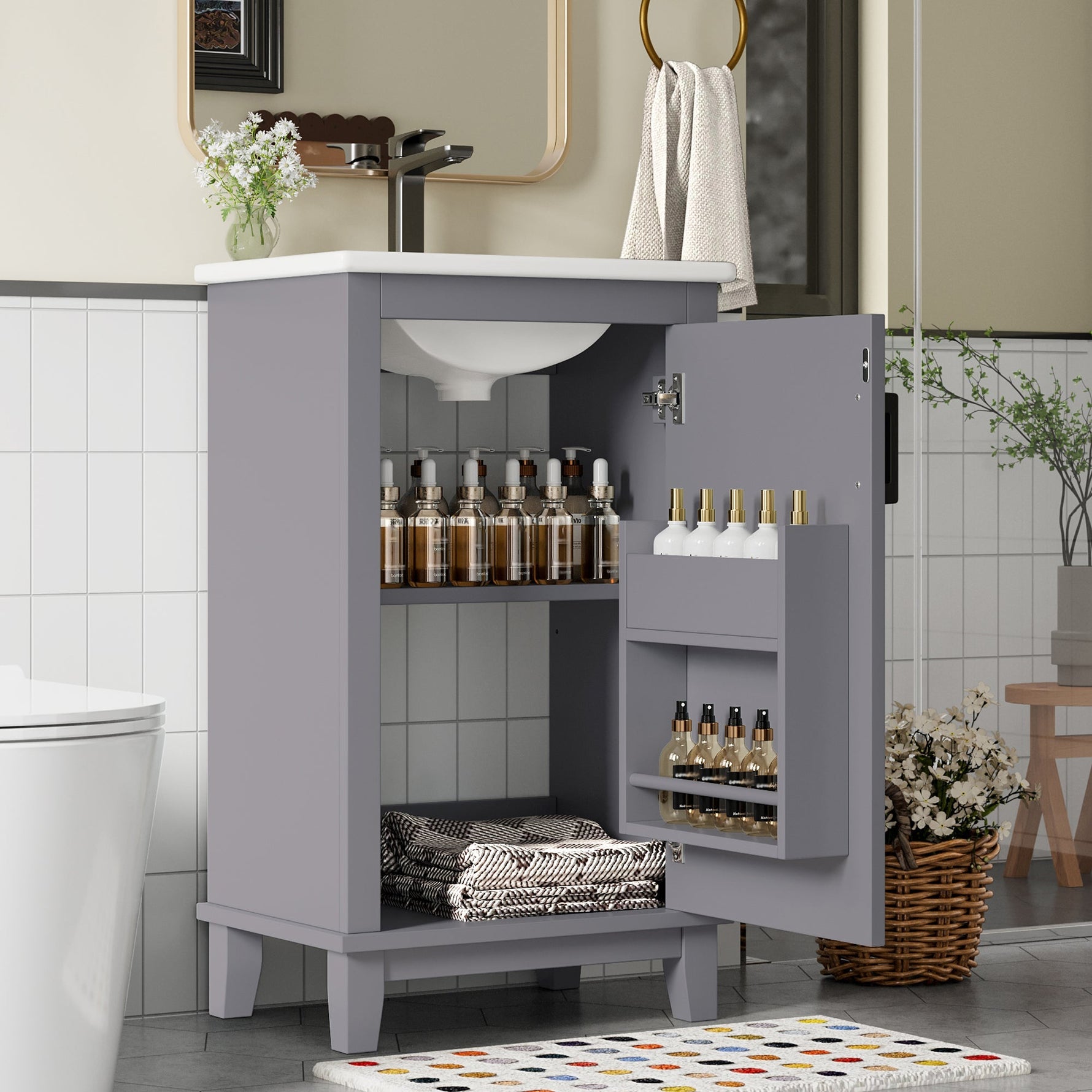 Bathroom Vanity Unit with Ceramic Sink and Adjustable Shelves, Grey