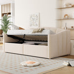 Upholstered Single Sofa Bed 90x200cm Hydraulic Storage Armrests Striped - Velvet Beige