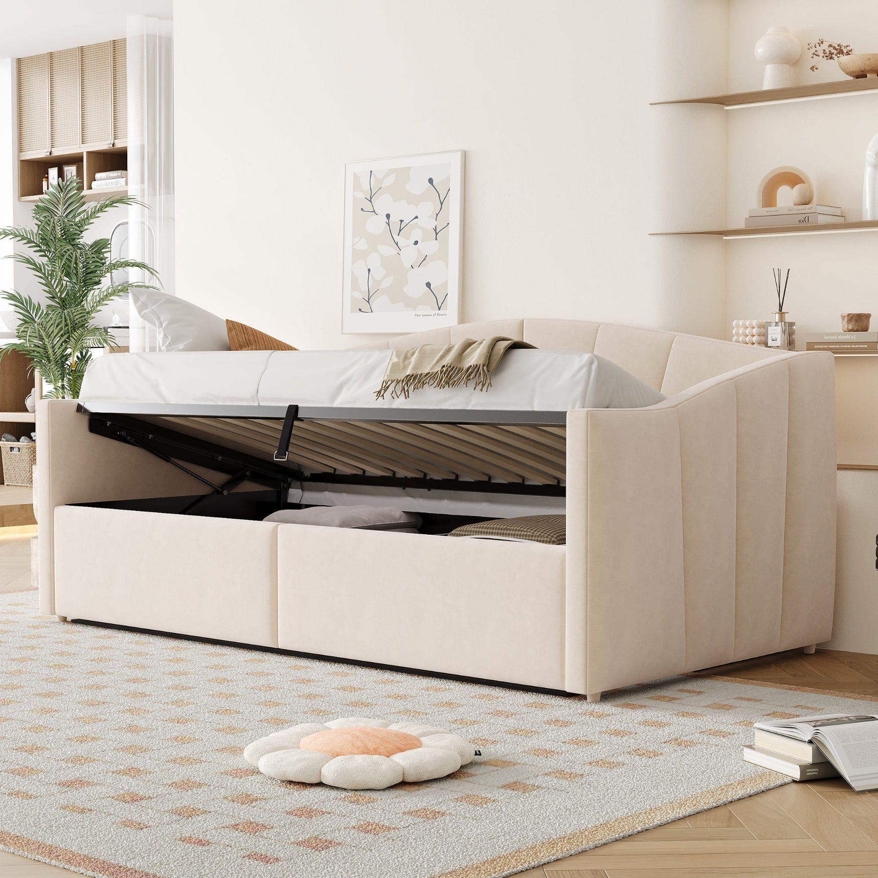 Upholstered Single Sofa Bed 90x200cm Hydraulic Storage Armrests Striped - Velvet Beige