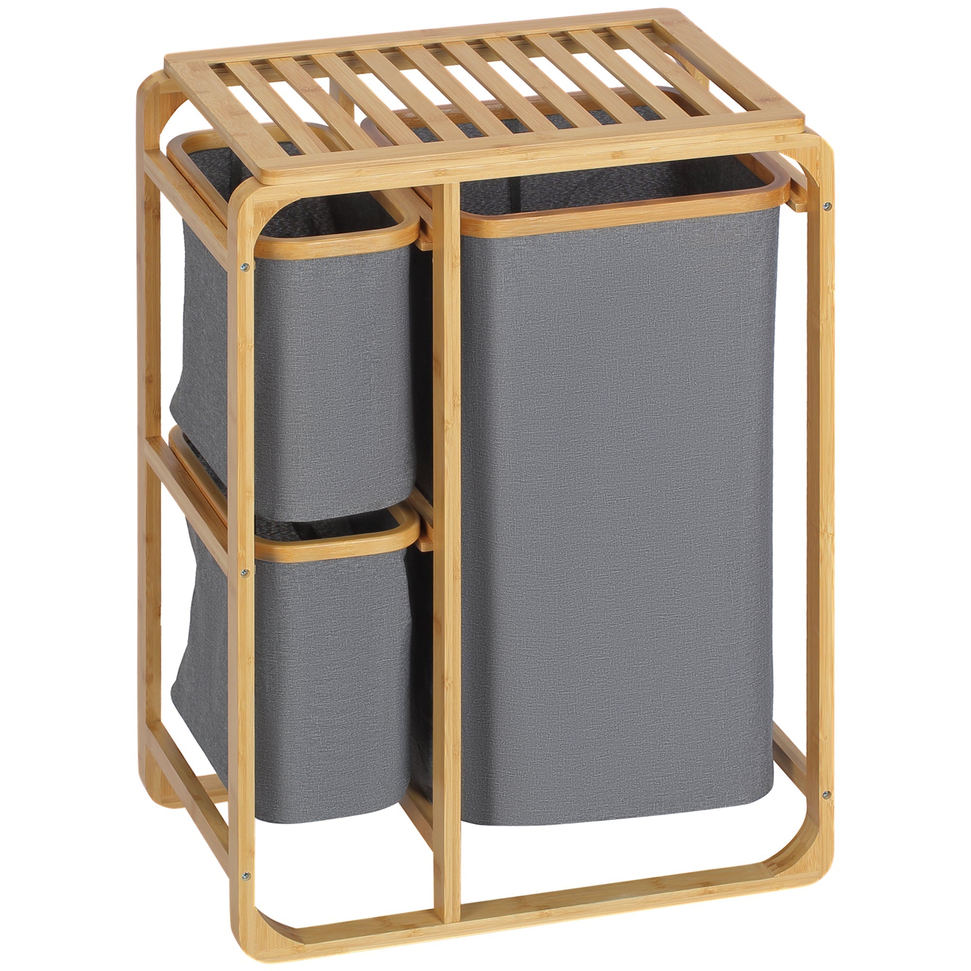 Laundry Basket, Platform Laundry Collector with 3 Removable Bags, Grey+Natural Bamboo