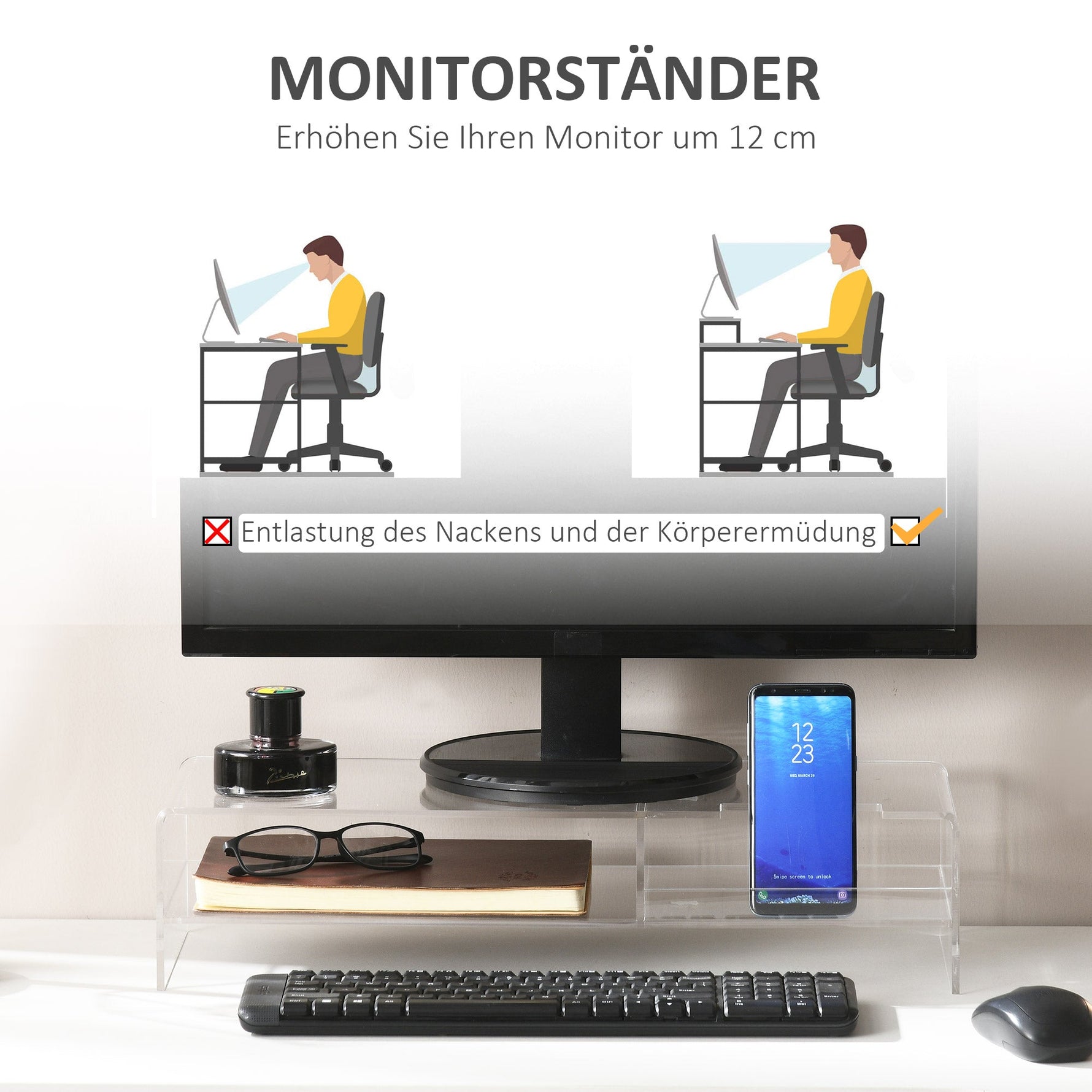 Monitor Stand with Keyboard Compartment 2 Tiers for 24 Inch - Transparent Acrylic