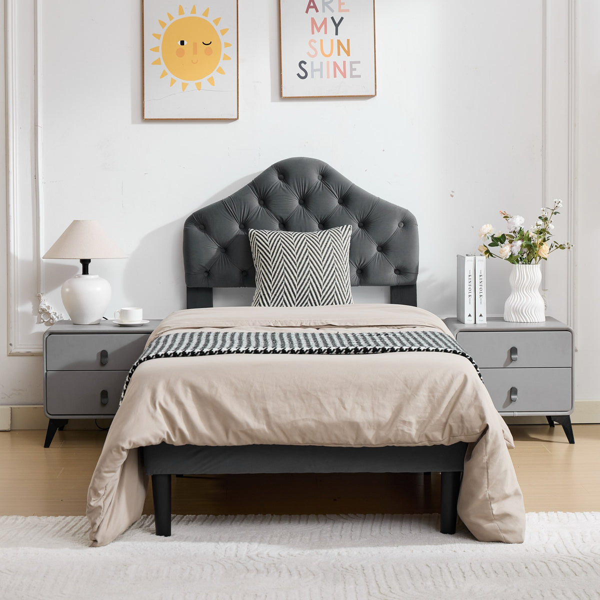 Twin Size Upholstered Platform Bed Frame, 90x200cm, Gray Velvet