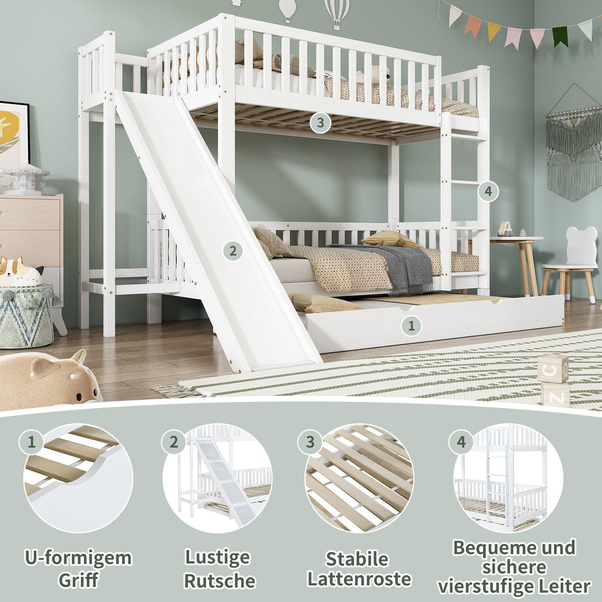 Bunk Bed with Trundle, Slide & Shelves, Pine + MDF White