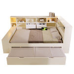 Storage Bed 140x200 with Pull-Out Bed & USB Ports, White Wood