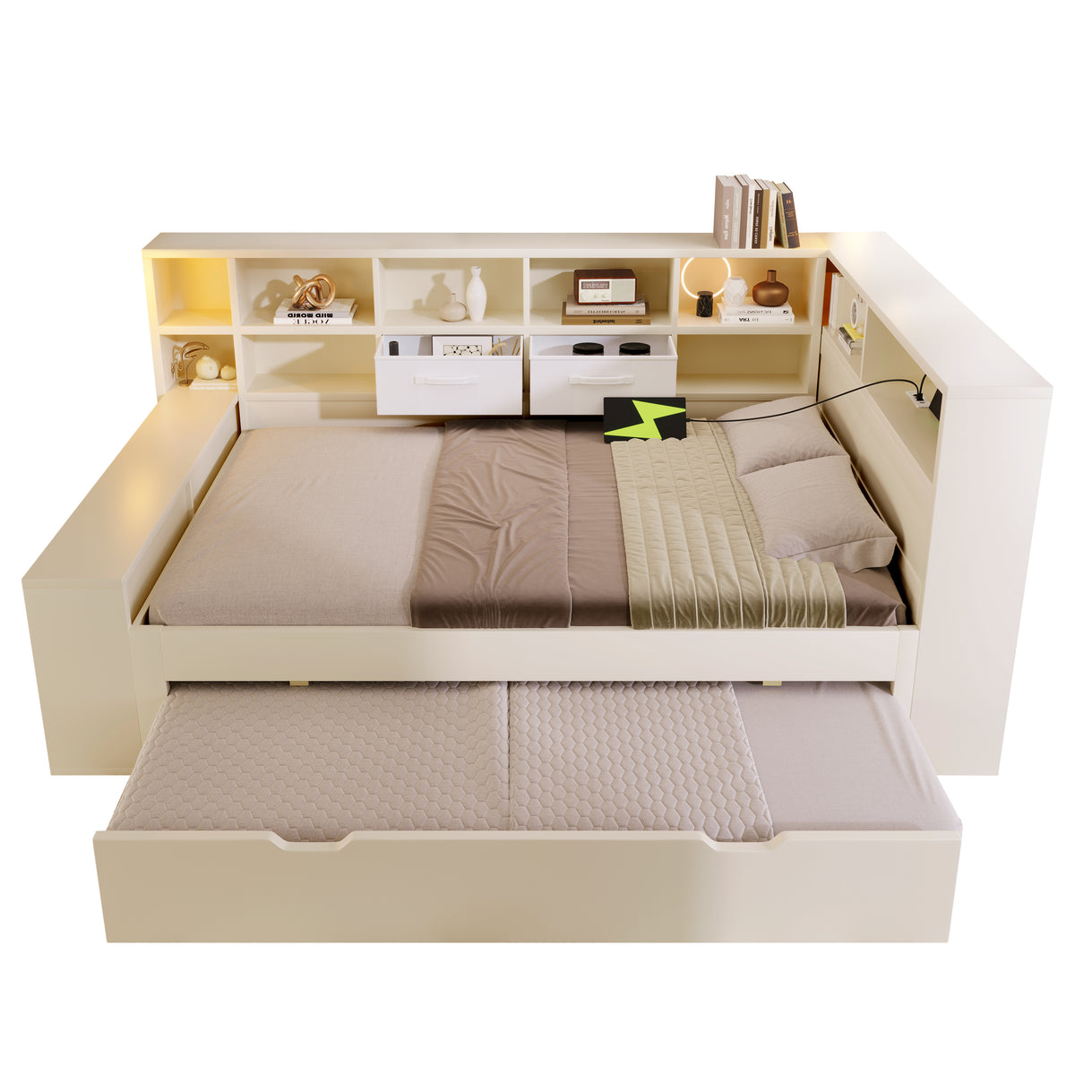 Storage Bed 140x200 with Pull-Out Bed & USB Ports, White Wood