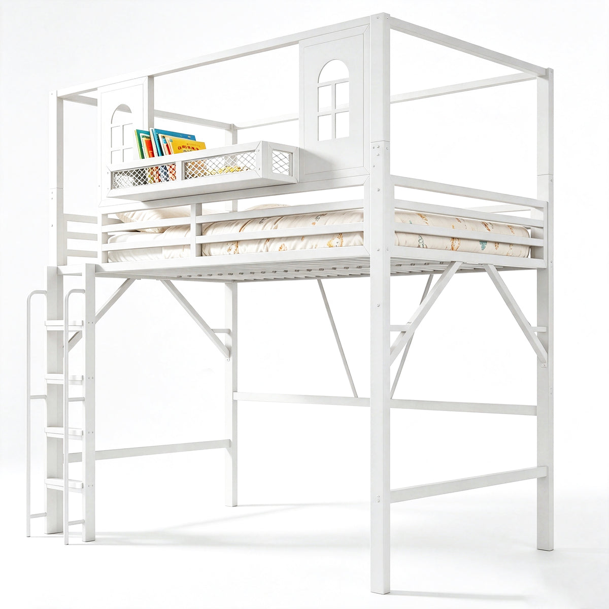 Children's Loft Bed 90x200 cm with Roof Design, White Metal
