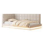 Upholstered Bed Sofa, 90x200 Multifunctional with LED & USB, Linen Fabric, Beige