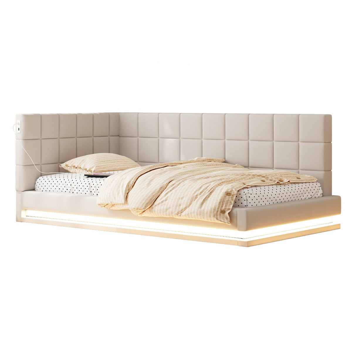 Upholstered Bed Sofa, 90x200 Multifunctional with LED & USB, Linen Fabric, Beige