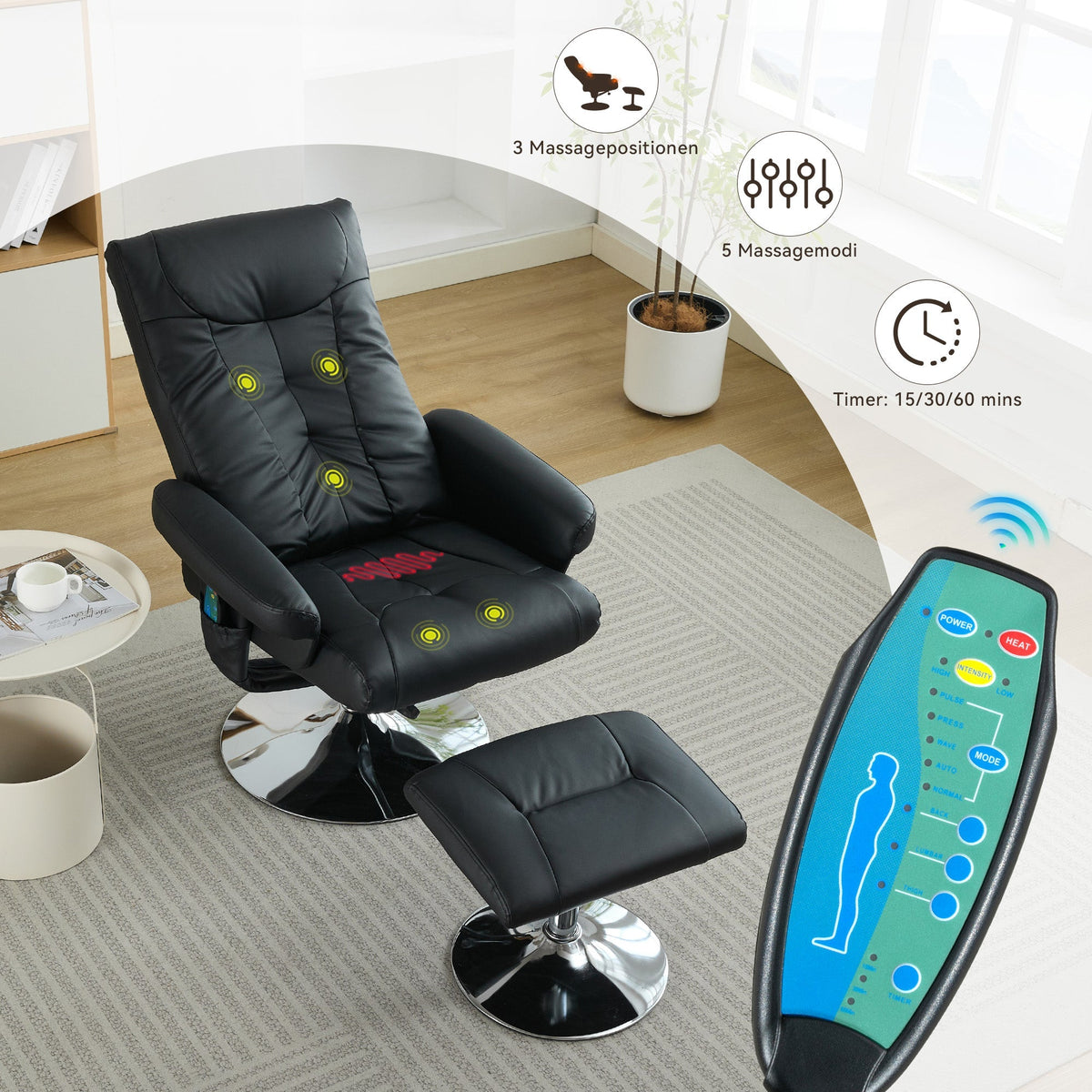 024 Recliner Chair, 5-Point Massage, Electric Heat & Footstool, 360° Swivel, Black PU Fabric