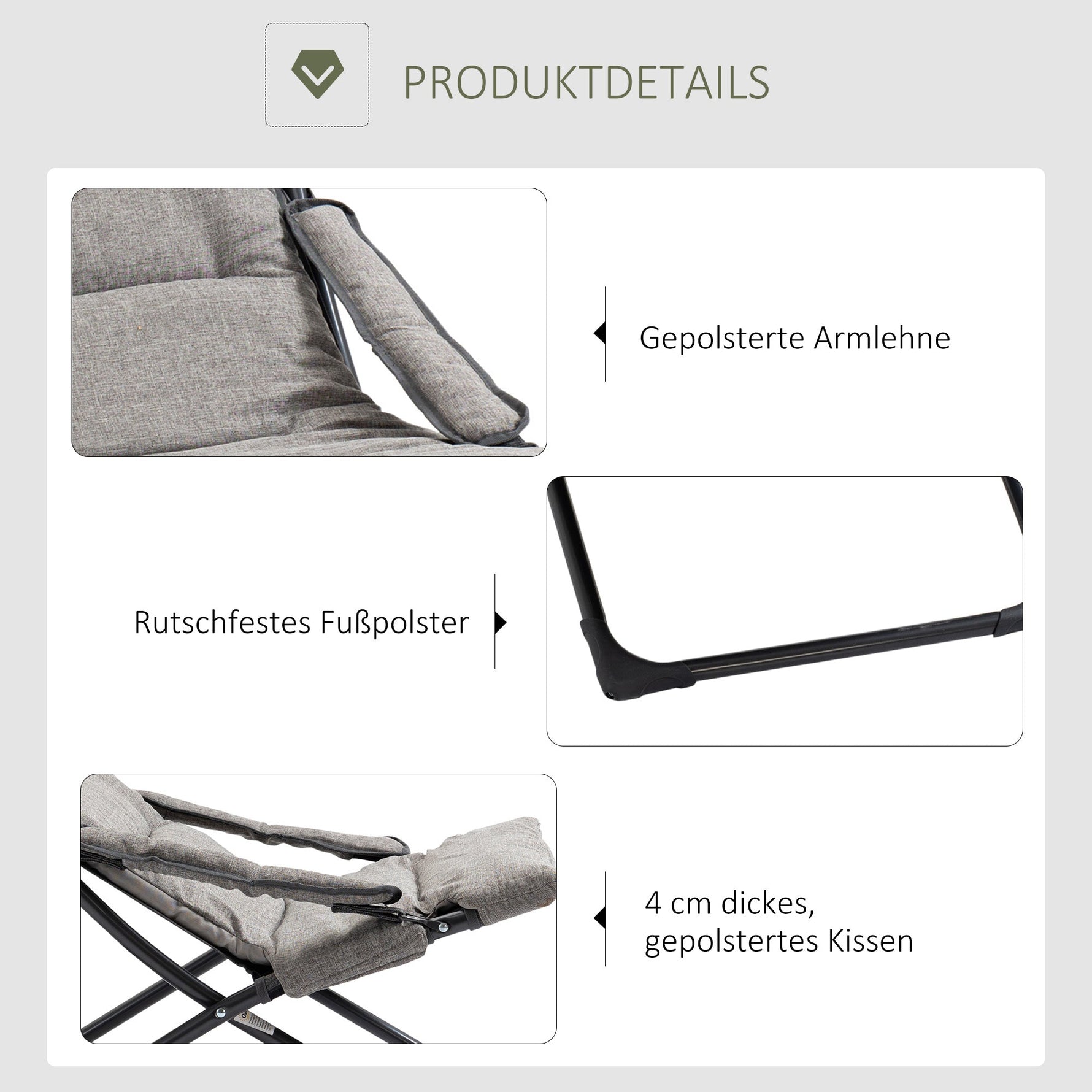 Folding Chair Lounger Removable Cushion Flexible Garden/Camping Steel Grey