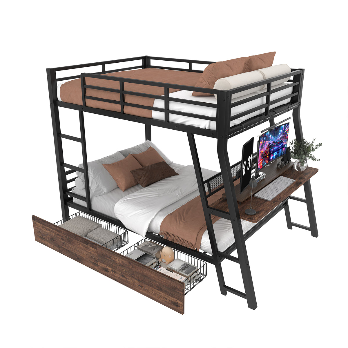 Loft Bed 140x200cm with Desk, LED & Drawers, Black Iron