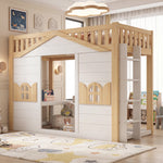 House Bunk Bed 90x200cm Loft Bed with Window, White & Natural Wood