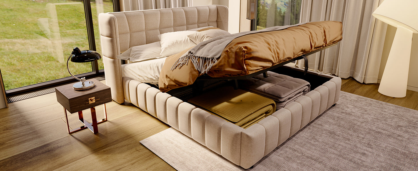Upholstered Bed 180x200cm Pneumatic Storage Slatted Frame - Beige Linen