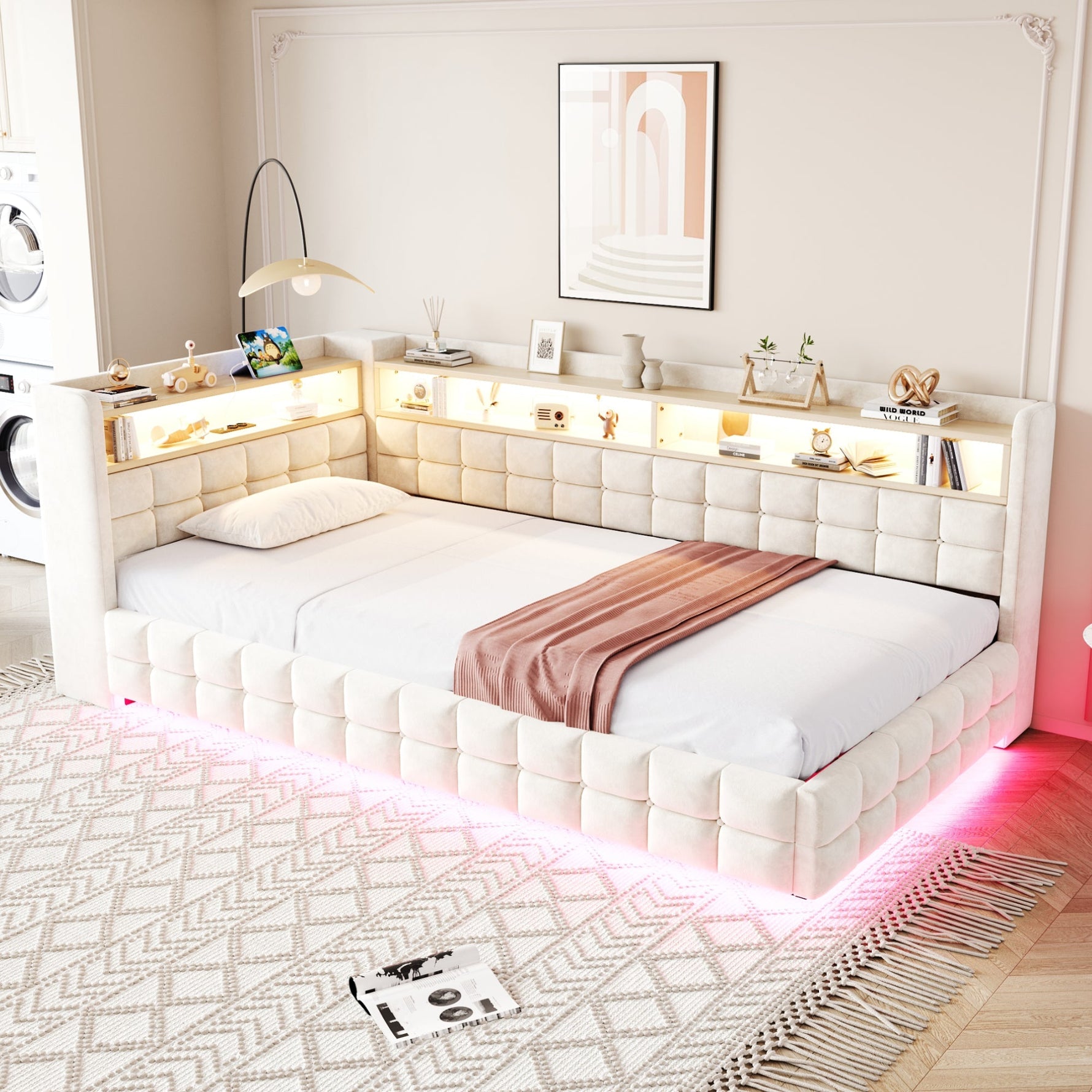 Upholstered Sofa Bed 90x200cm Hydraulic Storage LED USB Ports Beige Velvet