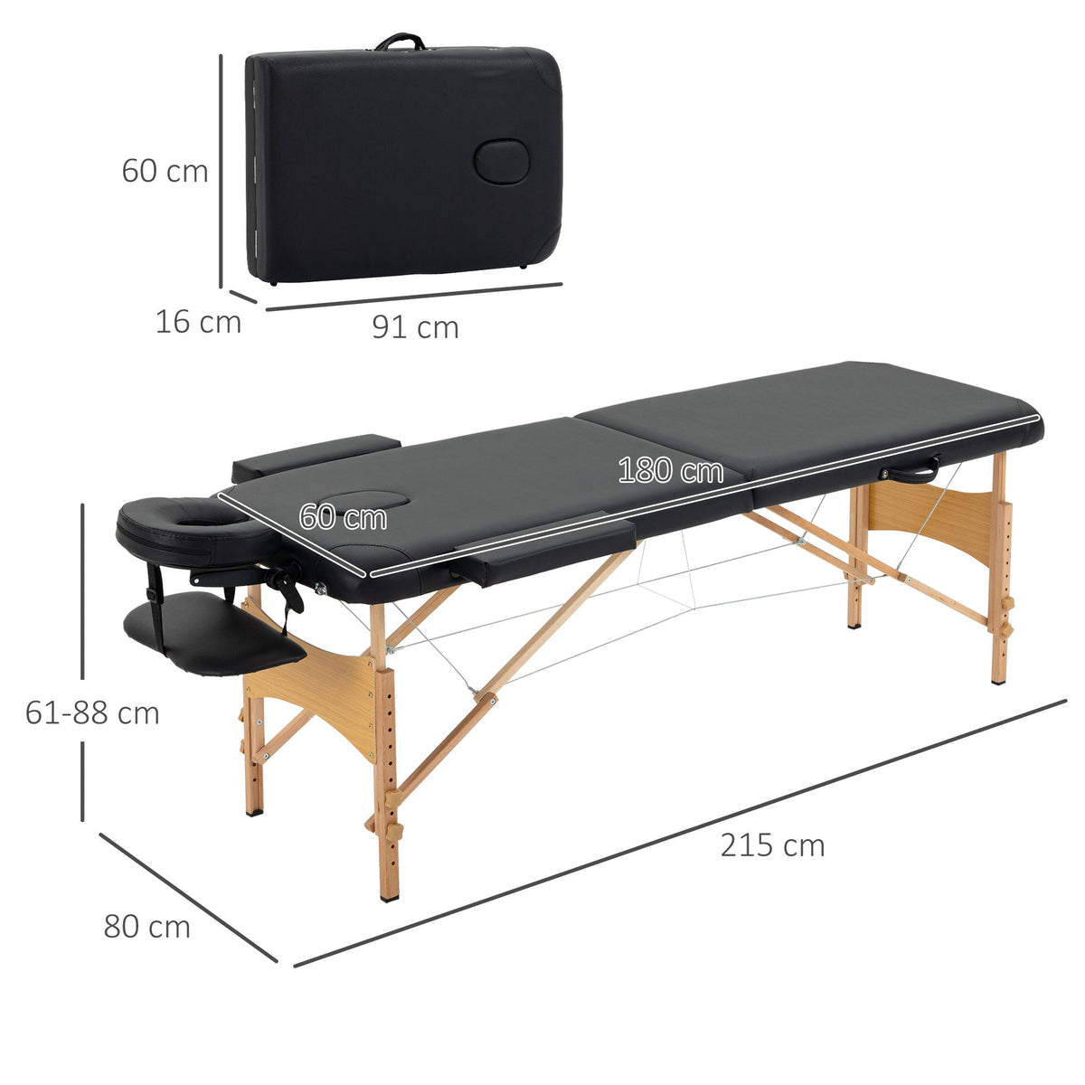Folding Portable Massage Table, Adjustable Headrest, Faux Leather & Wood, Black