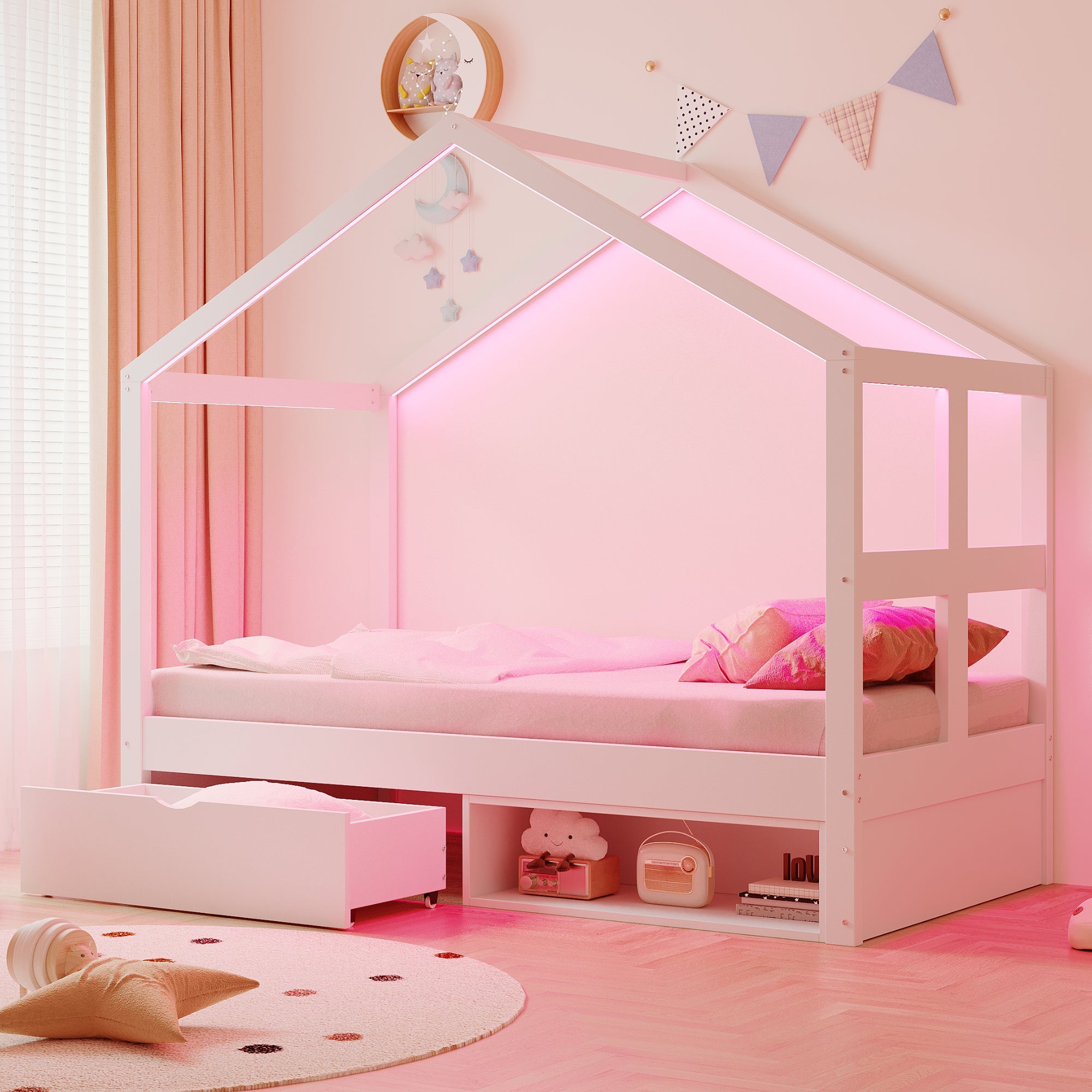 Wooden Bed with Drawers, Shoe Cabinet and LED Lighting, 90x190cm, White Wood