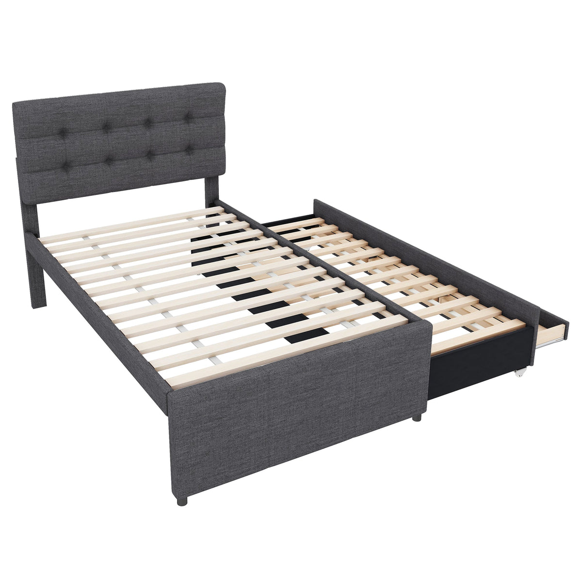 Upholstered Bed 90x200cm Pull-out Trundle 3 Drawers Adjustable Headboard - Grey
