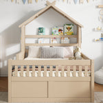 Wooden House Bed with Pull-out Bed, 3 Drawers and Safety Rails, 140x200cm, Cream