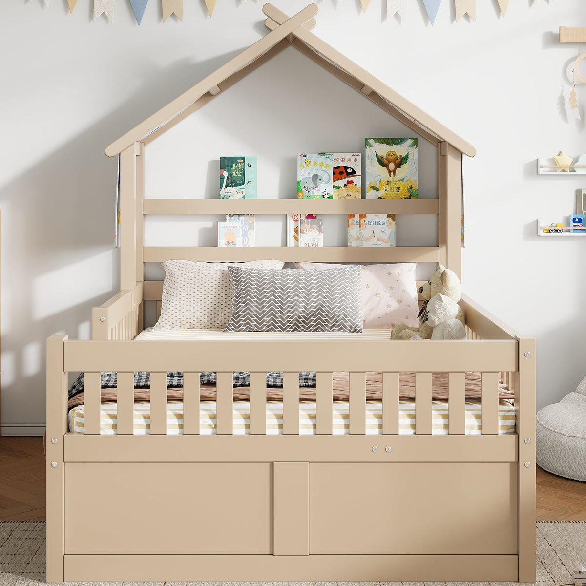 Wooden House Bed with Pull-out Bed, 3 Drawers and Safety Rails, 140x200cm, Cream