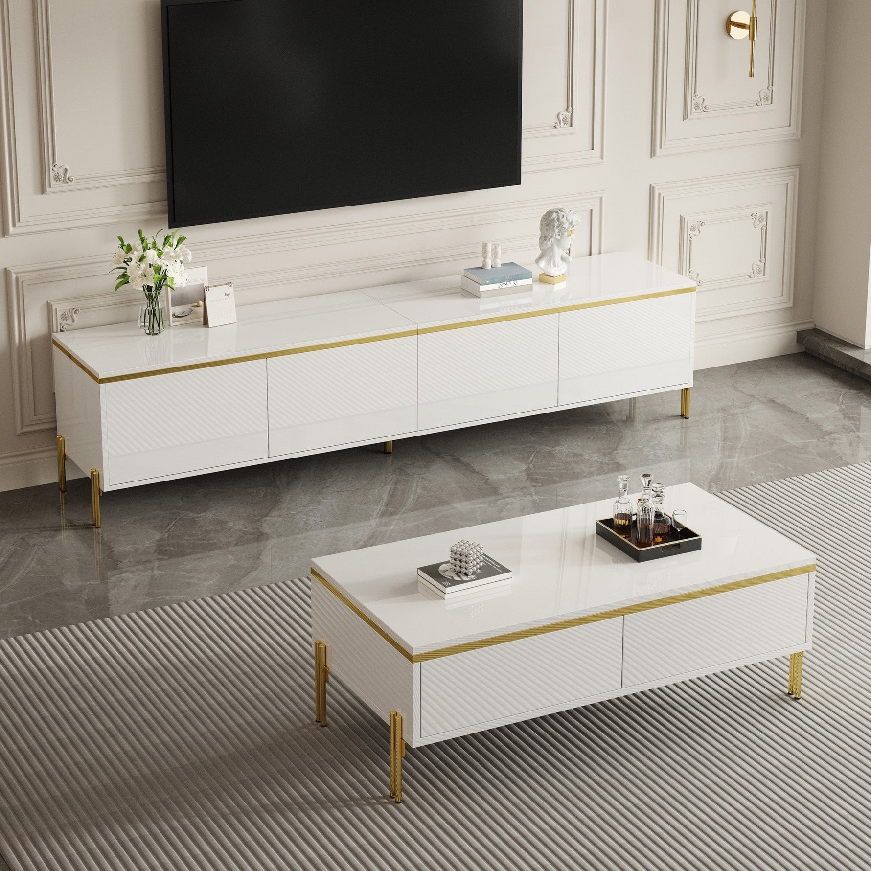 TV Cabinet and Coffee Table Set Modern Luxury High-Gloss Gold Edges Storage - Solid Color