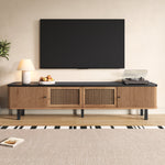 Modern TV Cabinet with Sliding Mesh Doors and Unique Design, Oak Wood Look