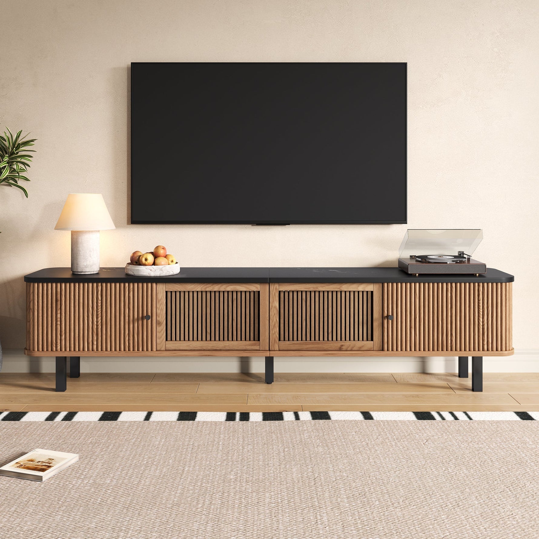 Modern TV Cabinet with Sliding Mesh Doors and Unique Design, Oak Wood Look