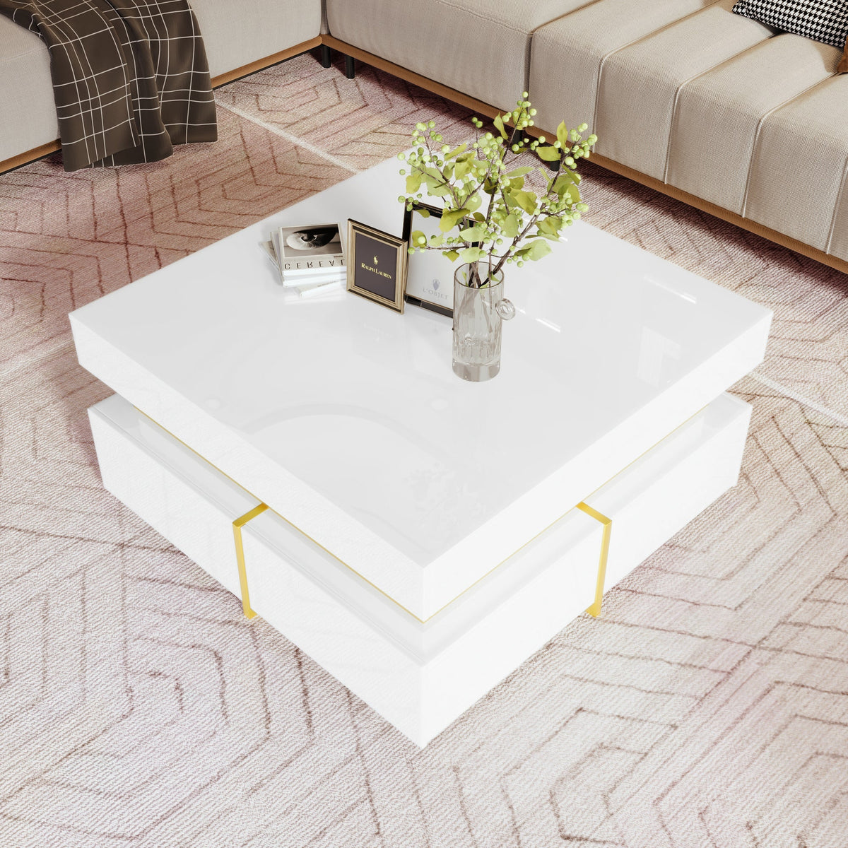 Coffee Table High-Gloss Drawers Gold Accents