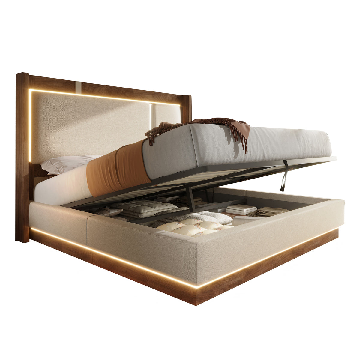 Double Upholstered Bed 140x200 with LED & Storage, Beige Linen