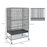 Bird Cage Aviary, Perches, Shelf, Doors, Wheels, Grey