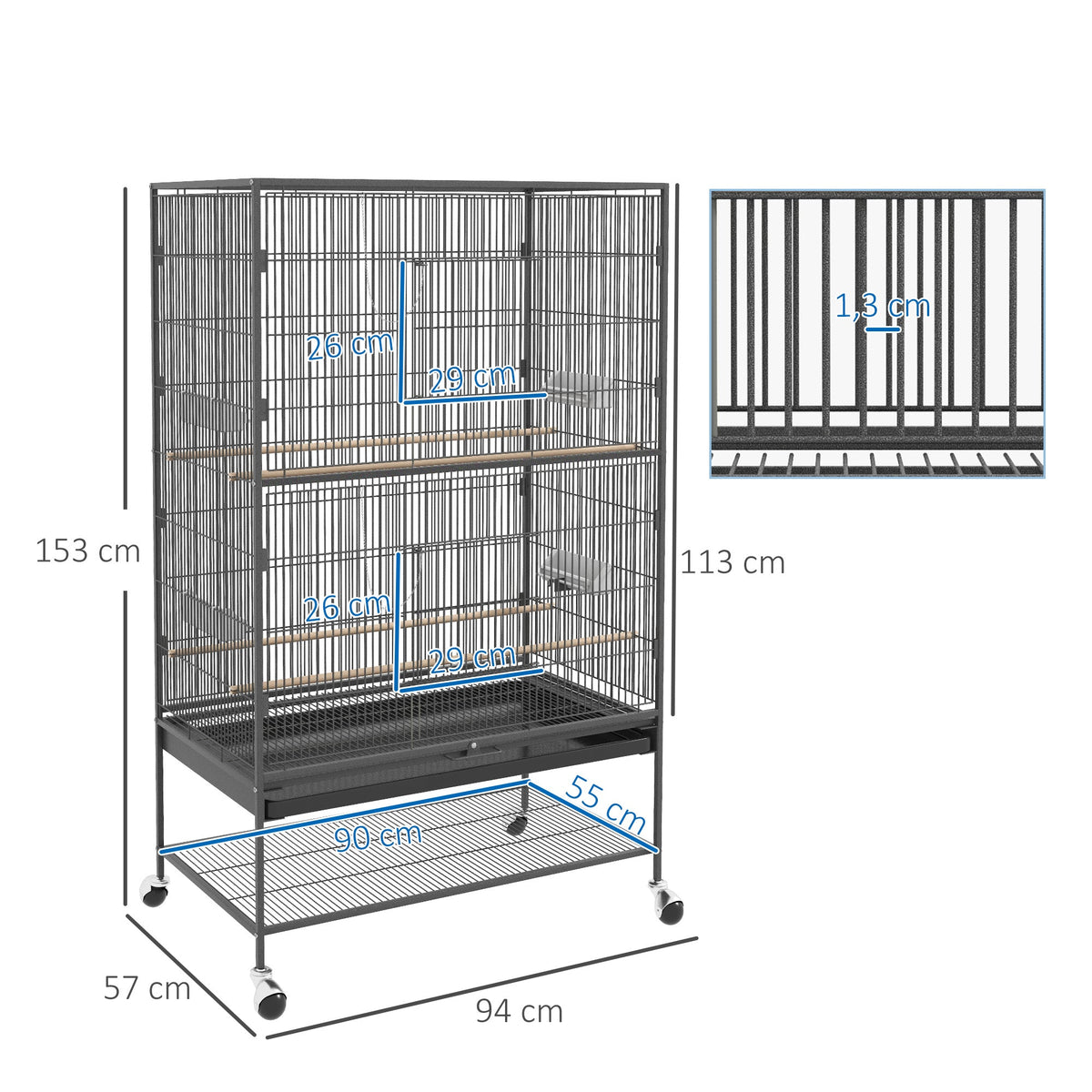Bird Cage Aviary, Perches, Shelf, Doors, Wheels, Grey