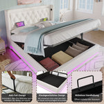Upholstered Double Bed, Hydraulic Storage with USB & LED, White PU