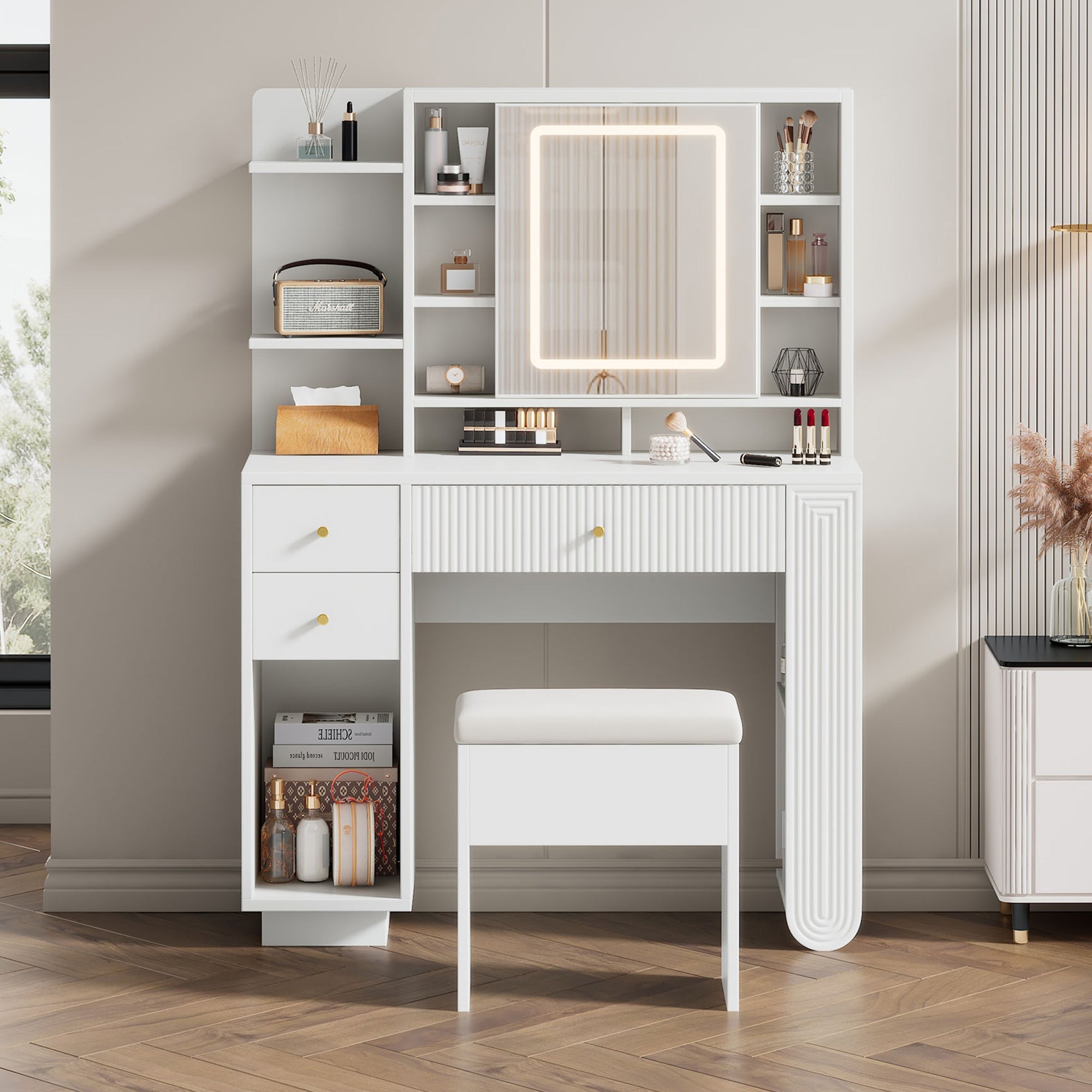 Illuminated Dressing Table with Mirror and Stool, Adjustable Brightness and Storage Drawers, White