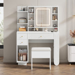 Illuminated Dressing Table with Mirror and Stool, Adjustable Brightness and Storage Drawers, White