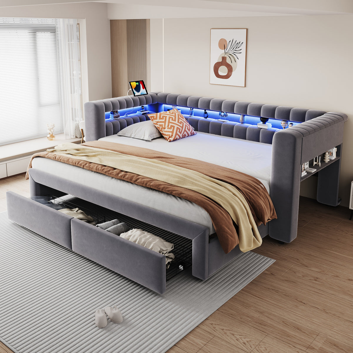 Upholstered Sofa Bed with Drawers & LED, Dark Grey Velvet