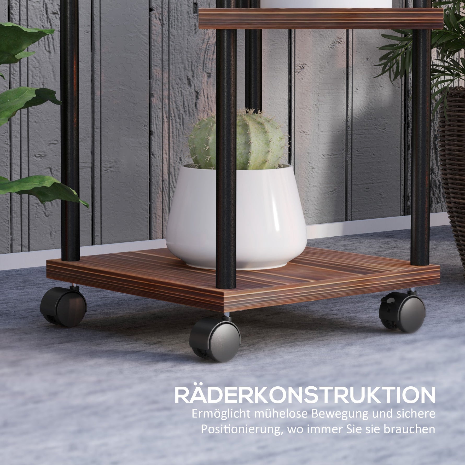 5-Tier Plant Stand, Wheels, 110cm High, Steel Wood, Charred