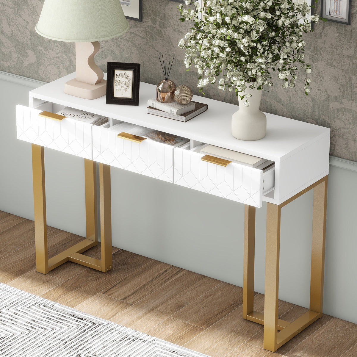 Modern Console Table - Drawers, Adjustable Foot Pads, Elegant Handles - White & Gold