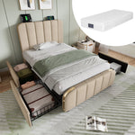 Upholstered Single Bed with USB-C Charging, 4 Drawers, Beige Linen